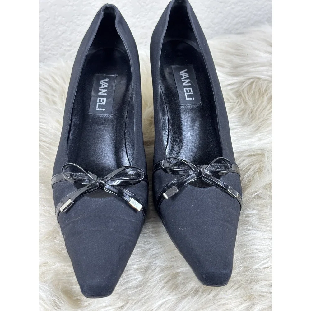 VANELi Black Satin‎ Heels Snip Toe Pumps Narrow Career Evening Wedding Chic 9N